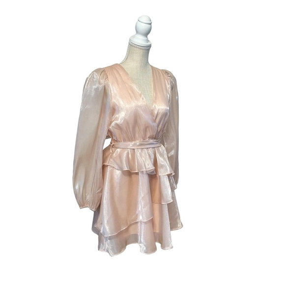 Idem Ditto Tiered Mini Dress Sz SM Metallic Pink LS Balloon Sleeve V Neck Lined - Picture 2 of 12